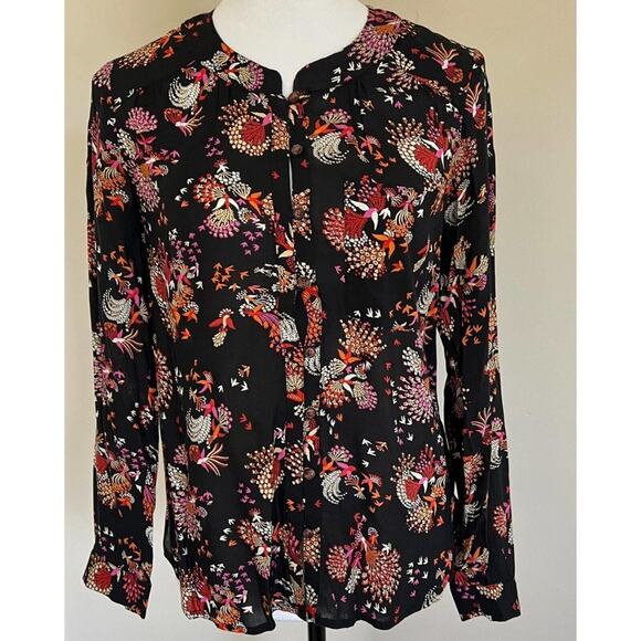 Anthropology Floral Blouse Long Sleeve Button Up Black Bird Print Top - Picture 1 of 10